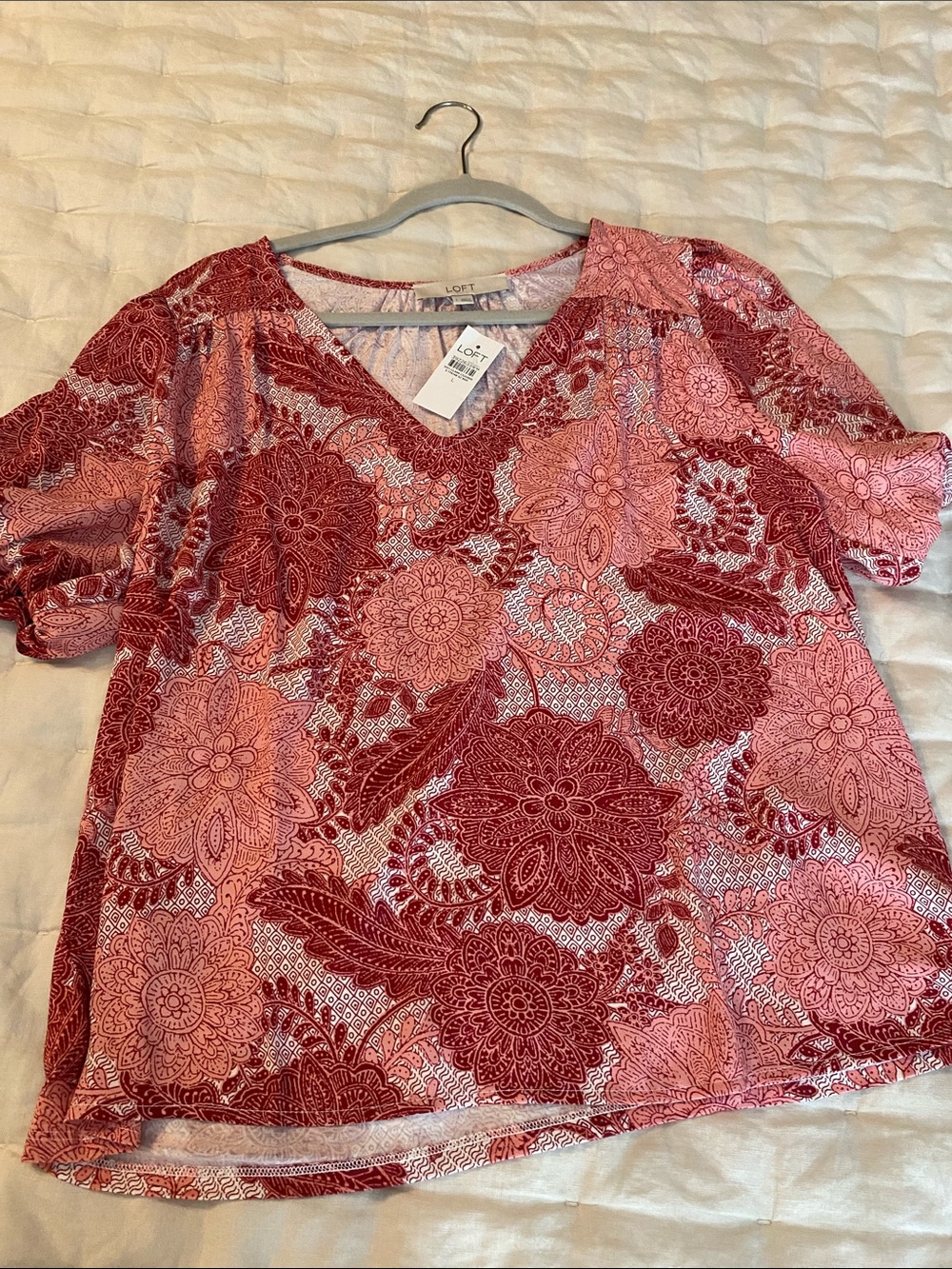 LOFT Pink & Wine Floral V-Neck Short Sleeve Top